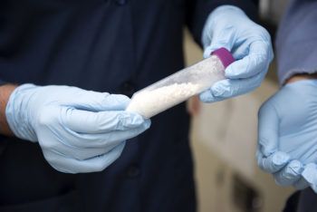 Texas A&M chemist Karen Wooley, holding the chemical basis of what will become a biodegradable polymer.